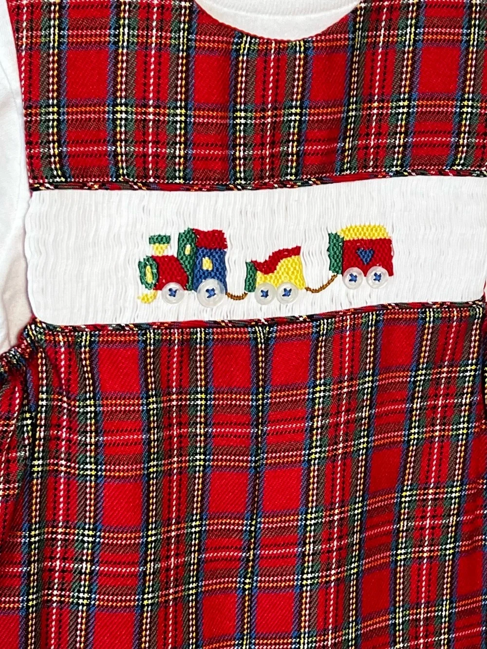 Vintage Classic Red Tarten Plaid Smocked Kids Romper with Train Embroidery